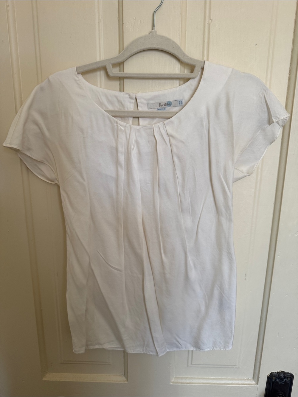 Boden White Pleated Scoop-Neck Short Sleeve Blouse
